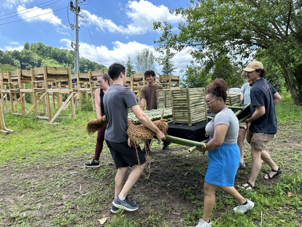 Group of students installing a floating wetland